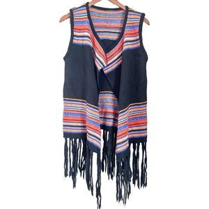 Italy Design Acrylic Knit Sleeveless Colorblock Fringe Vest Black Orange OS
